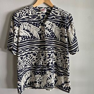 Vintage Alia Navy White Tropical Print Button Front Blouse Size 8